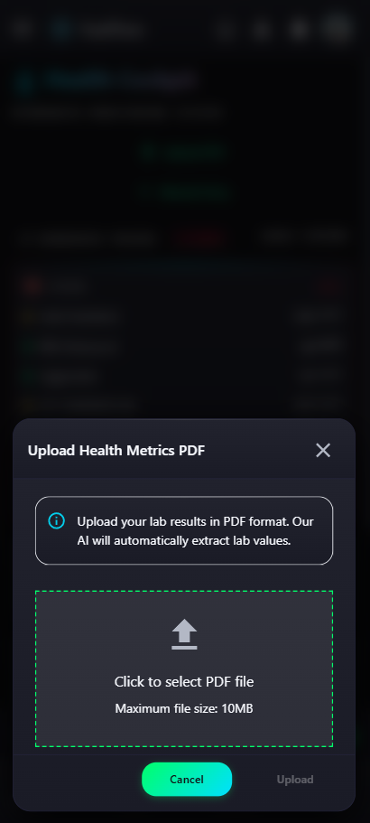 FuelTron bloodwork upload screen